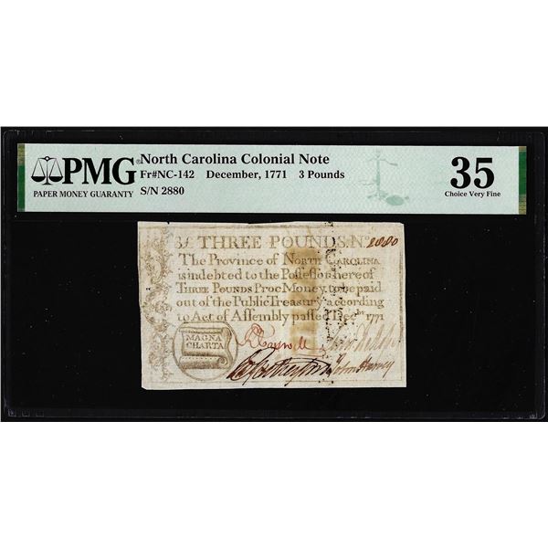 1771 North Carolina 3 Pounds Colonial Note NC-142 PMG Choice Very Fine 35 Magna Charta