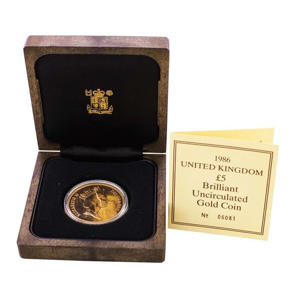 1986 United Kingdom 5 Pounds Gold Coin w/Box & COA