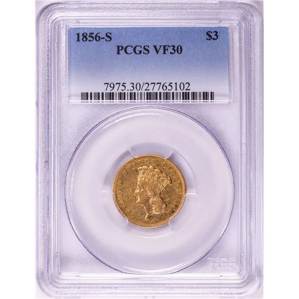 1856-S $3 Indian Princess Head Gold Coin PCGS VF30