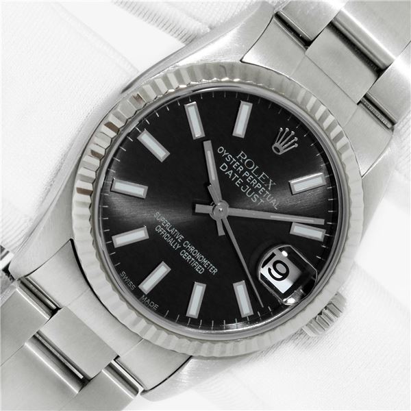 Rolex Midsize Stainless Steel Black Index Datejust Wristwatch