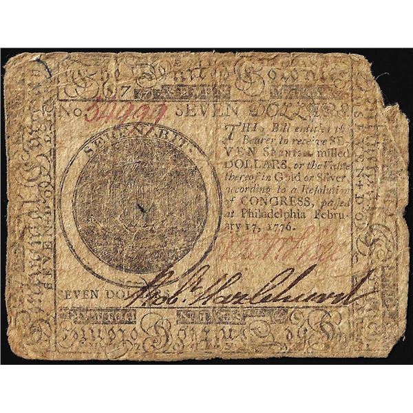 February 17, 1776 $7 Continental Currency Note