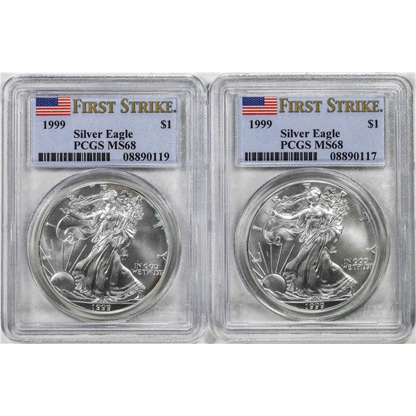 Lot of (2) 1999 $1 American Silver Eagle Coin PCGS MS68 First Strikes