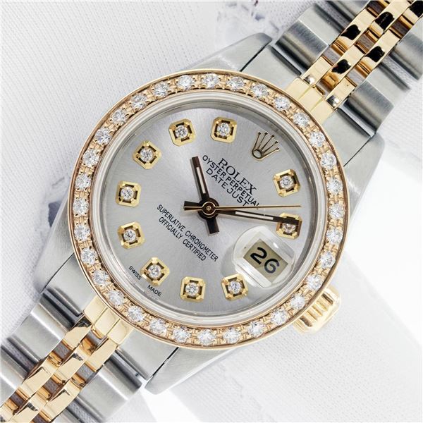 Rolex Ladies Two Tone Silver Diamond Datejust Oyster Perpetual Wristwatch