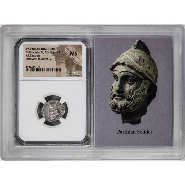 Parthian Kingdom Mithradates V, AD 128-147 AR Drachm Ancient Coin NGC MS Story Box