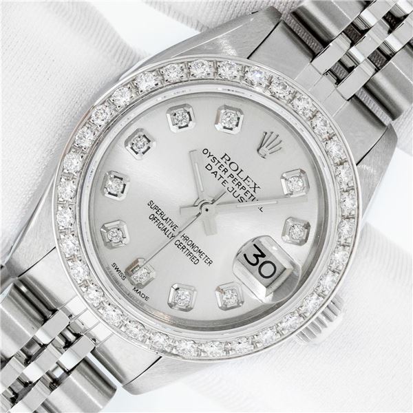 Rolex Ladies Stainless Steel Silver Diamond Datejust Wristwatch