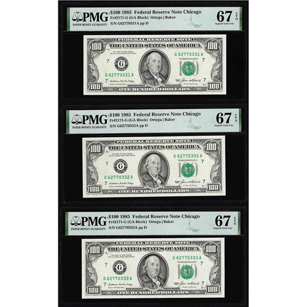 (3) Consecutive 1985 $100 Federal Reserve Notes Fr.2171-G PMG Superb Gem Unc 67EPQ