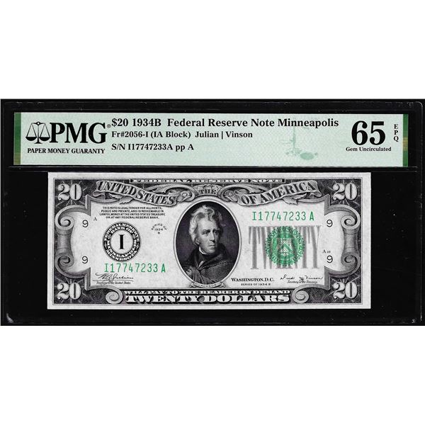 1934B $20 Federal Reserve Note Minneapolis Fr.2056-I PMG Gem Uncirculated 65EPQ