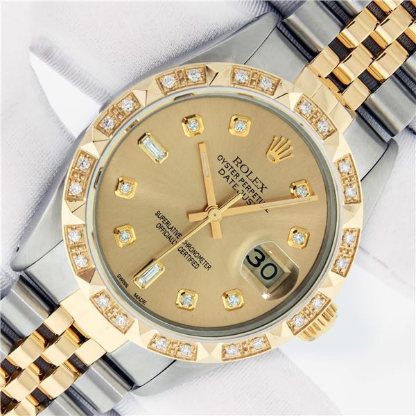 Rolex Men's Two Tone Champagne Diamond Pyramid Datejust Wristwatch