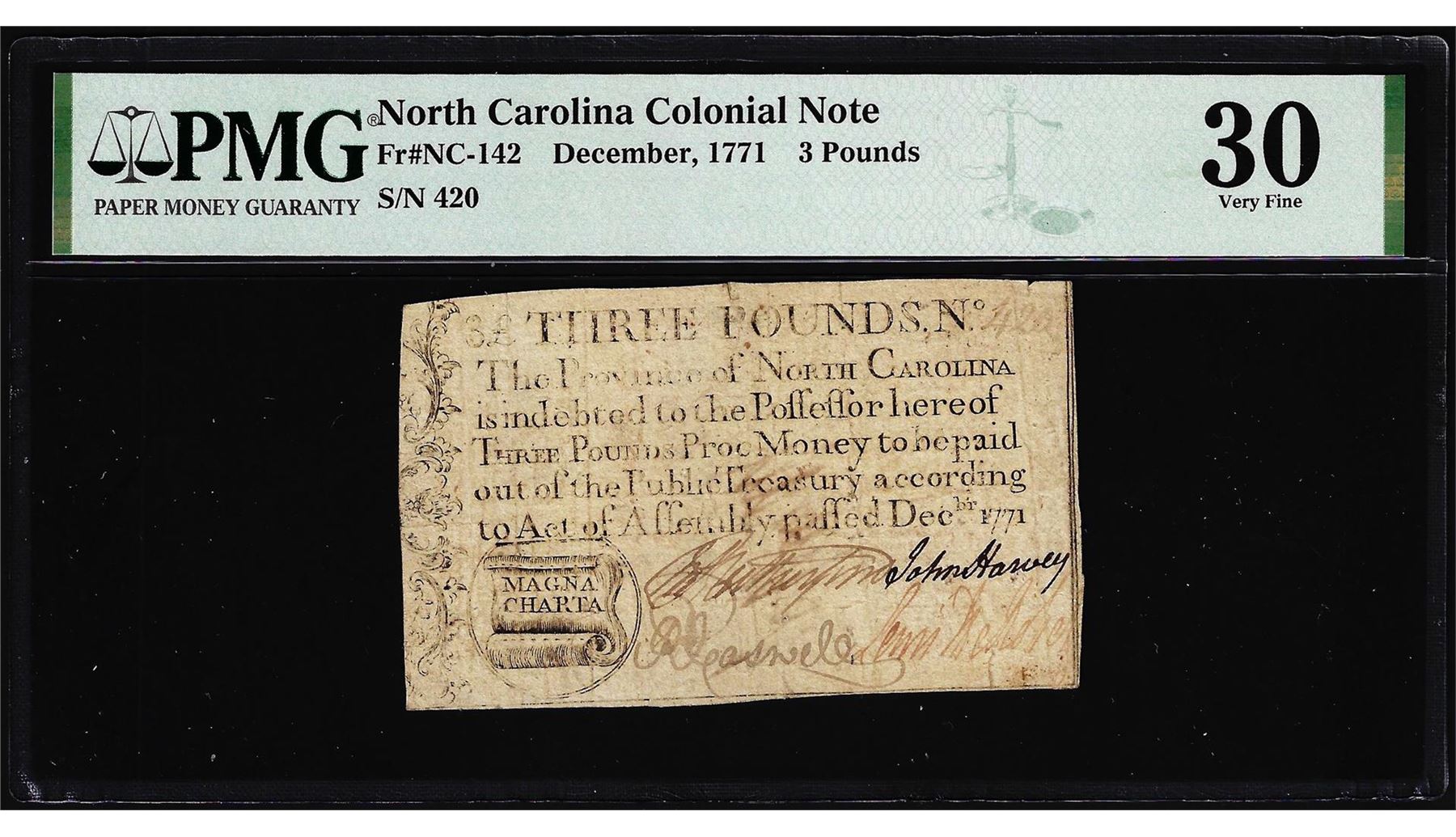 1771 North Carolina 3 Pounds Colonial Note NC-142 PMG Very Fine 30 ...