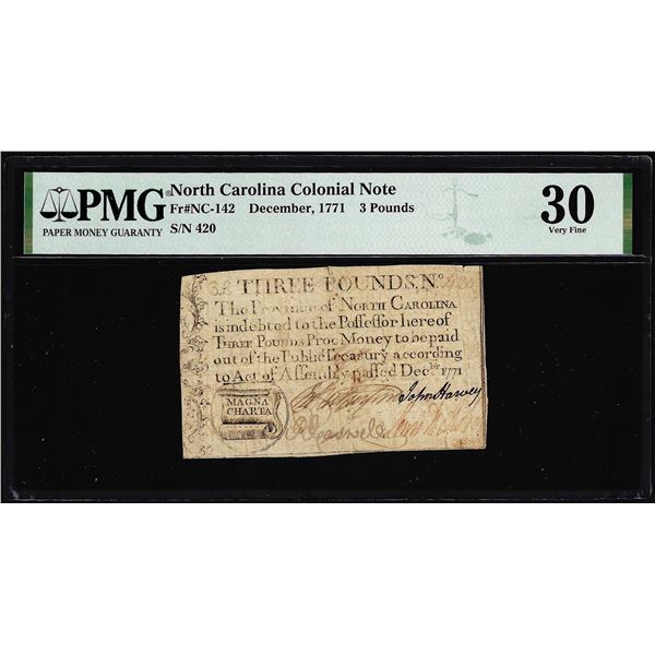 1771 North Carolina 3 Pounds Colonial Note NC-142 PMG Very Fine 30 Magna Charta