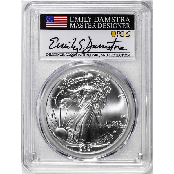 2021 Type 2 $1 American Silver Eagle Coin PCGS MS70 Damstra Signature First Strike