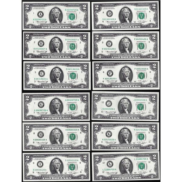 District Set of (12) 1976 $2 Federal Reserve Notes
