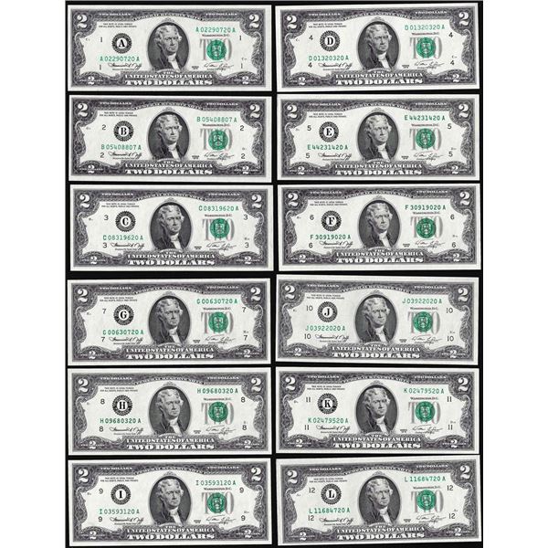 District Set of (12) 1976 $2 Federal Reserve Notes