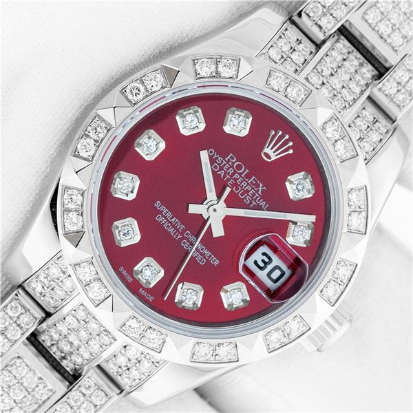 Rolex Ladies Stainless Steel Quickset Red Full Diamond Datejust Wristwatch