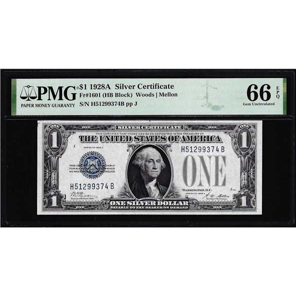 1928A $1 Funnyback Silver Certificate Note Fr.1601 PMG Gem Uncirculated 66EPQ H-B Block