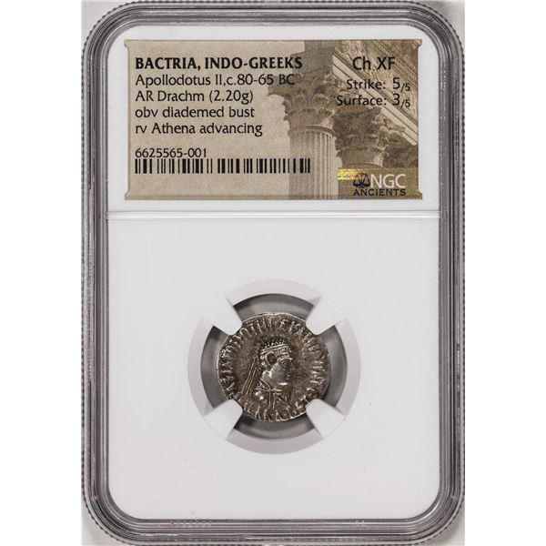 80-65 BC Bactria, Indo-Greeks Apollodotus II AR Drachm Ancient Coin NGC Ch XF