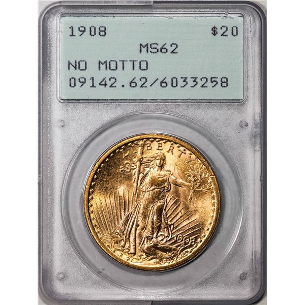 1908 No Motto $20 St. Gaudens Double Eagle Gold Coin PCGS MS62 Rattler Holder