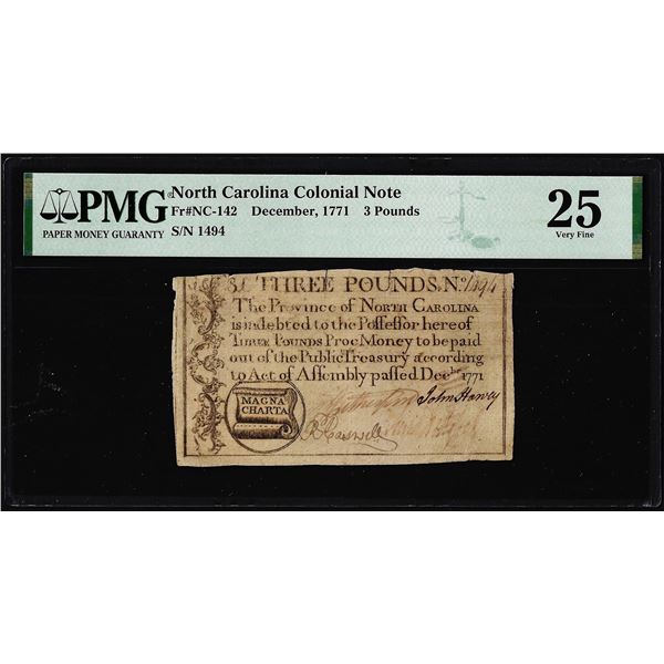 1771 North Carolina 3 Pounds Colonial Note NC-142 PMG Very Fine 25 Magna Charta