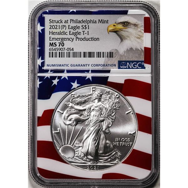 2021(P) Type 1 $1 American Silver Eagle Coin NGC MS70 Philadelphia Flag Core