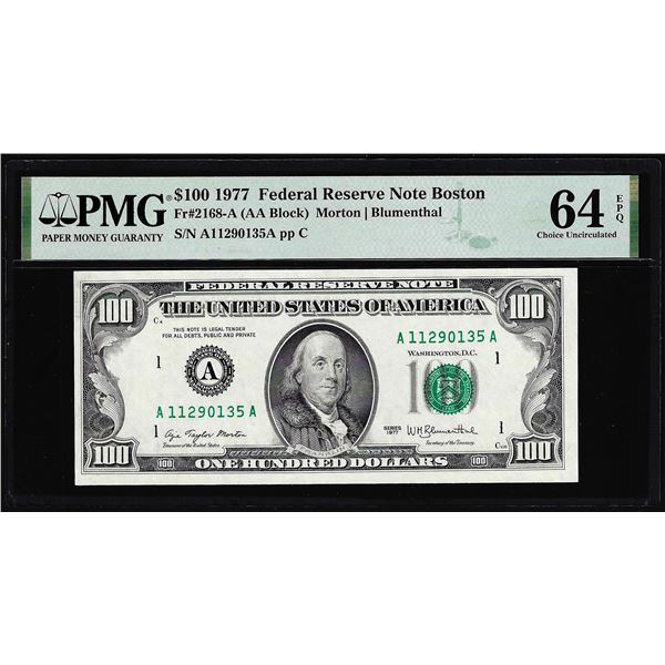 1977 $100 Federal Reserve Note Boston Fr.2168-A PMG Choice Uncirculated 64EPQ