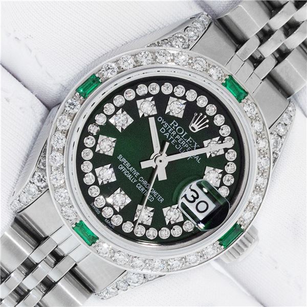 Rolex Ladies Stainless Steel Green Diamond Datejust Wristwatch