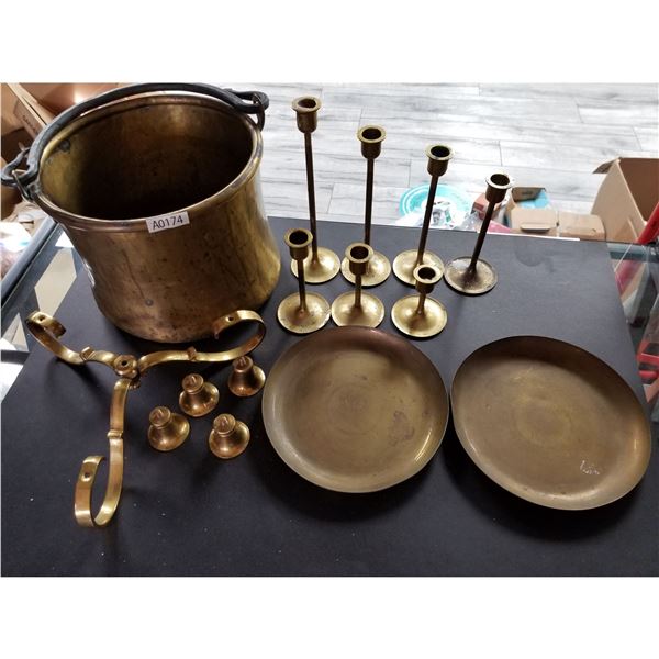Brass Set of Decorative Pot and Candleholders (A0174)