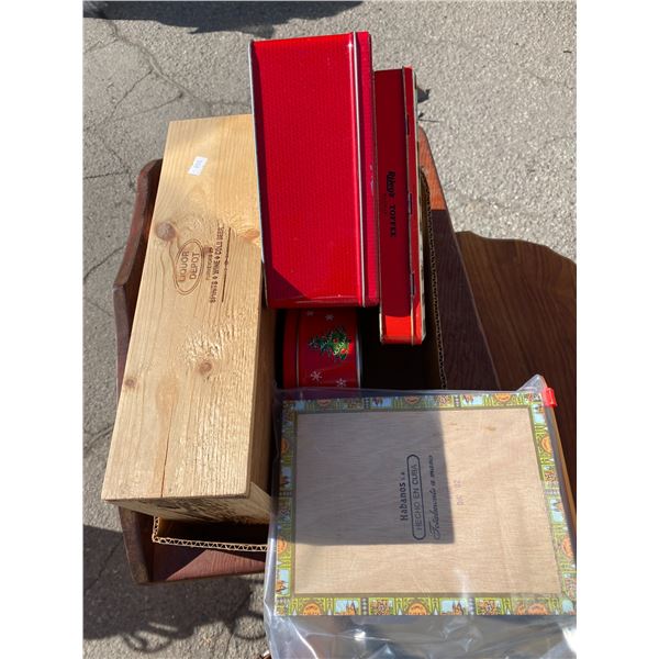 Tins and cigar box etc