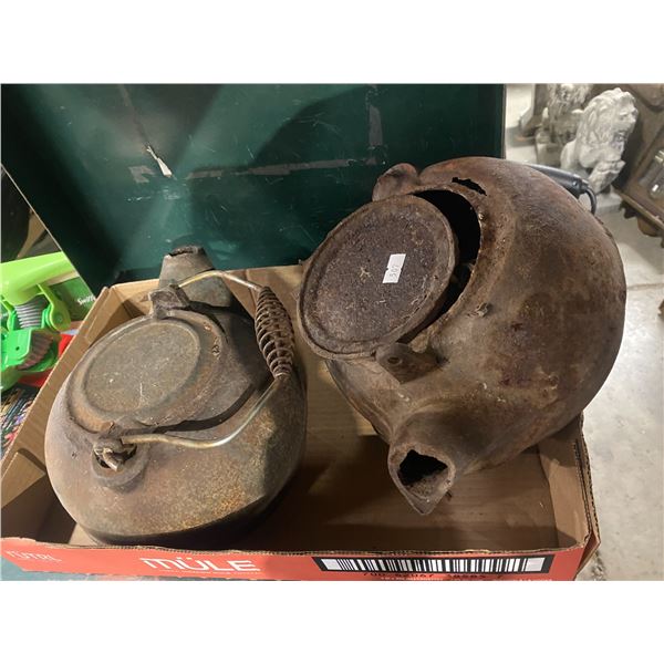 2 rustic cast iron kettles