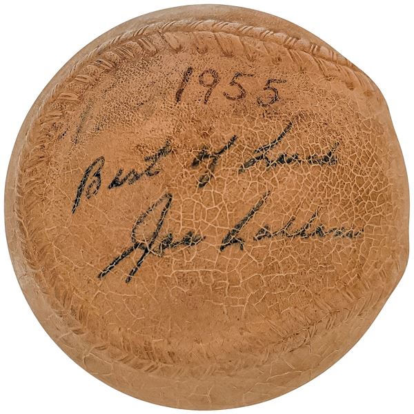 JOE COLLINS SIGNED 1955 LEATHER BASEBALL (BECKETT COA)