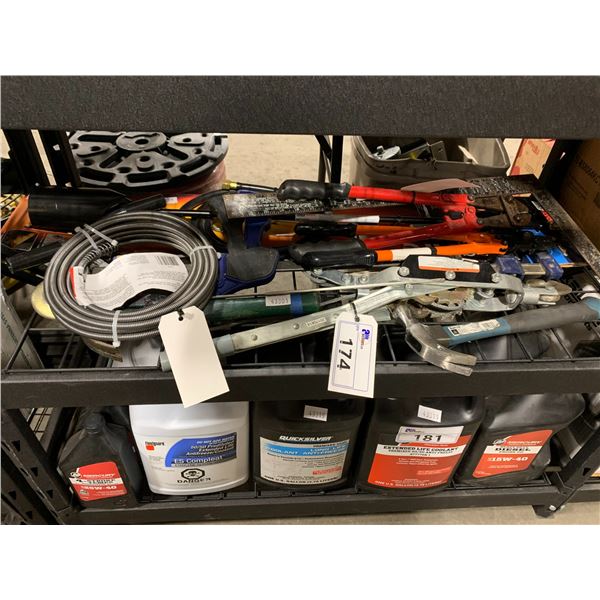 SHELF OF ASSORTED HAND TOOLS, BOLT CUTTERS, HAMMER, PROPANE TORCH, CLAMP, 2 TON CHAIN PULLER & MORE