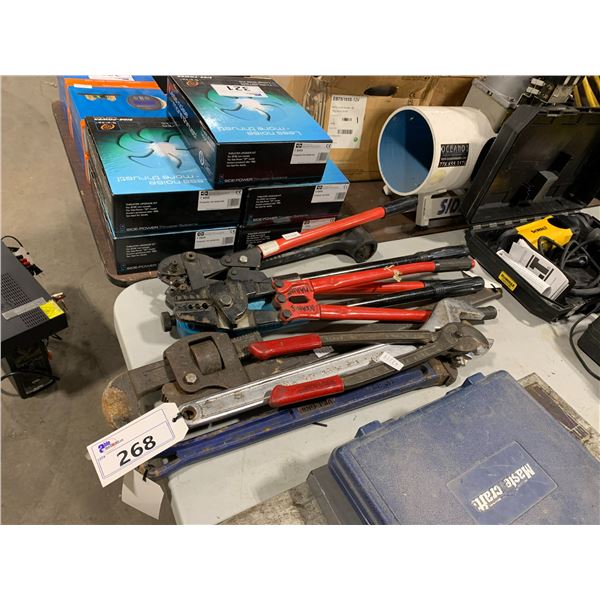 ASSORTED HAND TOOLS, WRENCH, MECHANICAL INDENT CRIMP TOOL, PIPE WRENCHES, SPLICING PILERS, CABLE