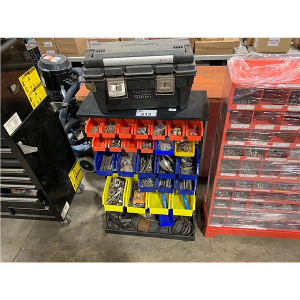 BLACK MOBILE ADJUSTABLE PLASTIC BINS PARTS SORTING RACK WITH ASSORTED ...