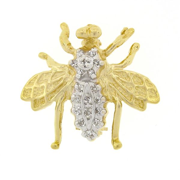 Vintage 14k Yellow & White Gold .25 ctw Diamond Detailed Fly Bee Insect Brooch P