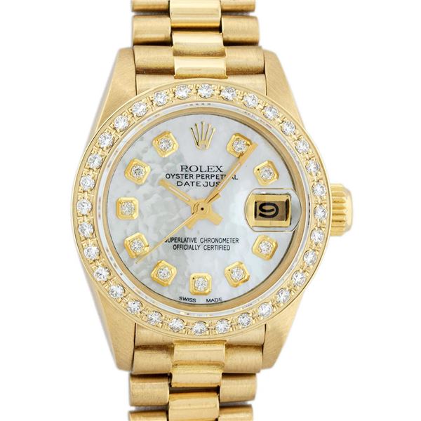 Rolex Ladies 18K Yellow Gold Mother Of Pearl Diamond President Wristwatch