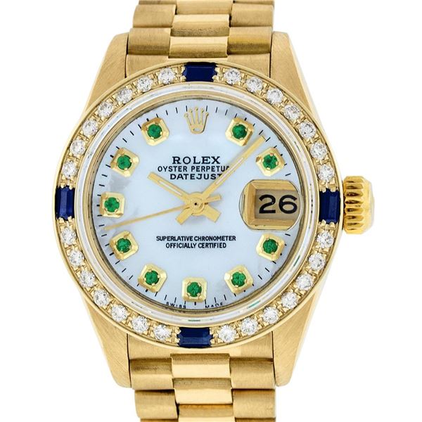 Rolex Ladies 18K Yellow Gold MOP Emerald & Sapphire President Wristwatch