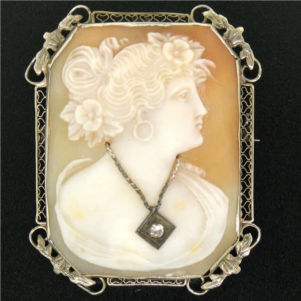 Vintage 14k White Gold Diamond & Carved Shell Cameo Open Filigree Brooch Pendant