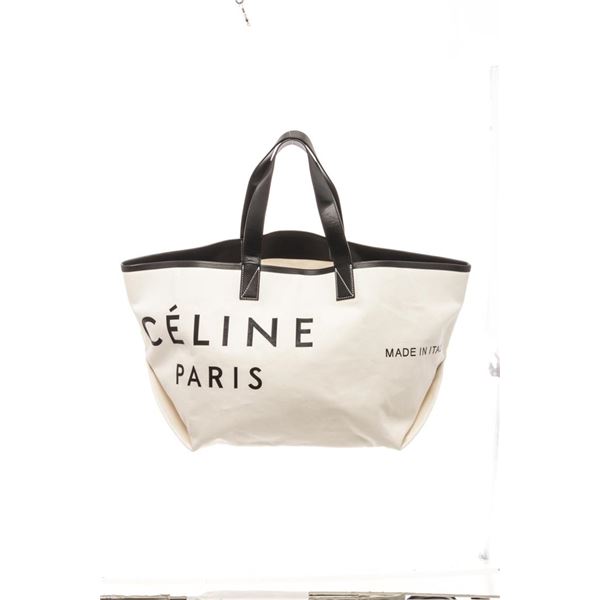 Celine White Canvas with Leather Medium Logo Tote Bag