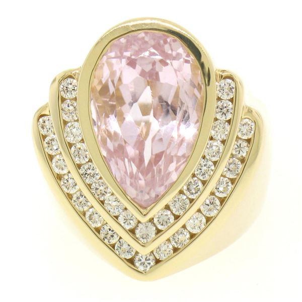 14k Yellow Gold Bezel Pear Morganite & Diamond Channels 8.05 ctw Large Ring