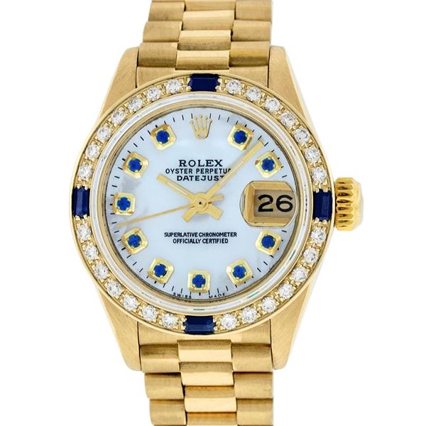 Rolex Ladies 18K Yellow Gold MOP Sapphire President Wristwatch