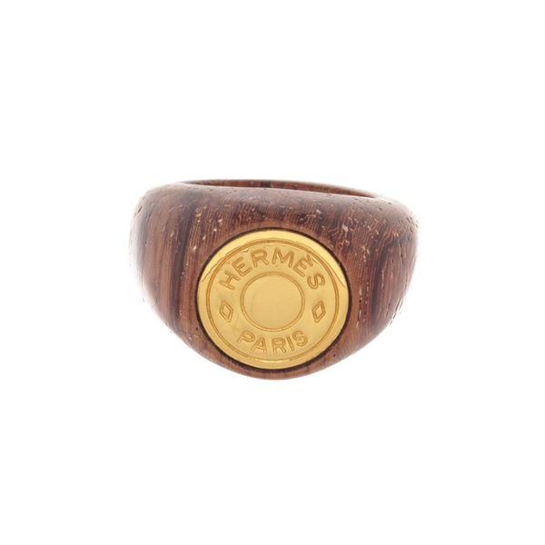 Hermes Dark Brown and Gold Wood Metal Selle Ring