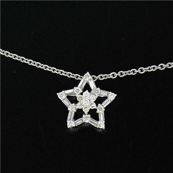 NEW 14K White Gold 16  0.64 ctw Round Baguette Diamond Open Star Pendant Necklac