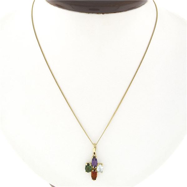 Vintage 18K Yellow Gold Amethyst Blue Topaz Garnet Green Stone Pendant Necklace