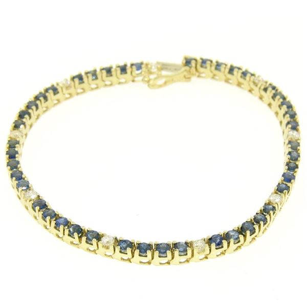 14k Solid Yellow Gold 5.13 ctw Round Sapphire & Diamond Line Tennis Bracelet