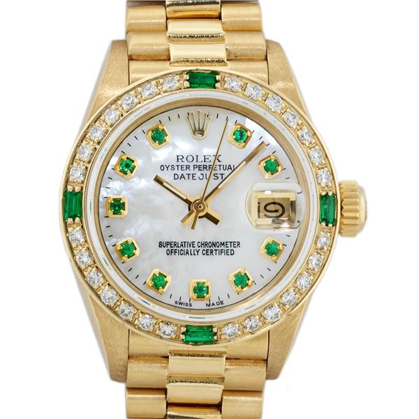 Rolex Ladies 18K Yellow Gold MOP Emerald President Wristwatch 26MM