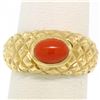 Image 5 : 14k Yellow Gold NICE Oval Cabochon Bezel Set Coral Domed Quilted Texture Ring