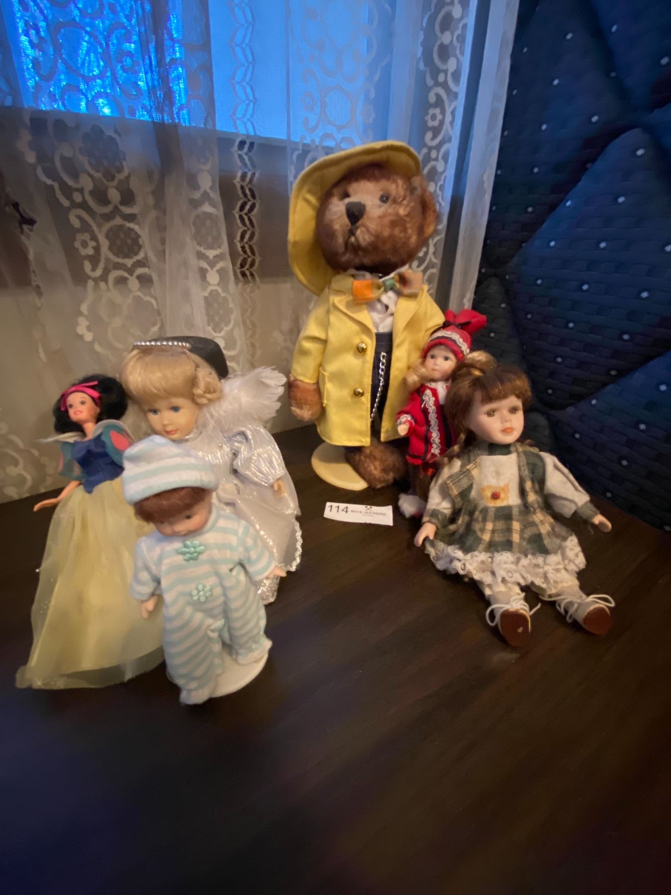 1930's "Mookie"Brass Button Bear, Porcelain Dolls, & other small dollys