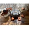 Image 1 : Three Cake Serving Towers with a stack of cake plates and copper cookie cutters