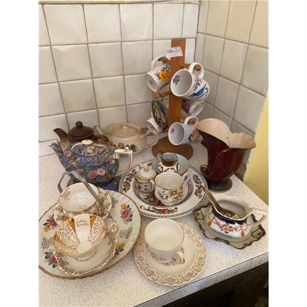 Wooden Cup Tree With multiple Tea Pots, Cups, & Saucers, A Vase, Gravy Boat, and more