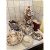 Image 1 : Wooden Cup Tree With multiple Tea Pots, Cups, & Saucers, A Vase, Gravy Boat, and more