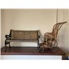 Image 1 : Miniature Cast Iron Bench and Antique French Doll Stroller